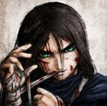  alice:_madness_returns alice_(wonderland) alice_in_wonderland american_mcgee's_alice bandages black_hair bleeding blood blood_on_face ceramic_man cuts dress green_eyes highres injury long_hair mouth_hold solo 