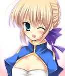  artoria_pendragon_(all) bad_id bad_pixiv_id bitter_crown blonde_hair blush cleavage_cutout dress fate/stay_night fate_(series) green_eyes hair_ribbon heart one_eye_closed ribbon saber smile solo 