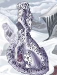  angrboda breasts clothing feline female ice leopard mammal mountain paws post_transformation scarf shirt snow snow_leopard solo spots taur torn_clothing transformation transgender 
