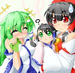  ? ascot blush bow carrying child detached_sleeves dress frog_hair_ornament green_eyes green_hair hair_bow hair_ornament hair_tubes hakurei_reimu if_they_mated kochiya_sanae kokujuuji long_hair long_sleeves multiple_girls open_mouth pink_dress red_dress red_eyes short_hair smile sweatdrop touhou white_dress wide_sleeves yin_yang 