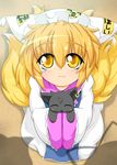  animal_ears blonde_hair cat chen chen_(cat) child earrings expressive_clothes fox_ears fox_tail hands_in_opposite_sleeves hat jewelry kokujuuji looking_at_viewer multiple_tails shadow short_hair tail touhou translated wide_sleeves yakumo_ran yakumo_yukari yellow_eyes 
