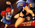  battle bruise daitokuji_biko damaged head_mounted_display injury jerk_douglas long_hair magami_eiko multiple_girls project_a-ko punching purple_hair red_eyes red_hair school_uniform serafuku swimsuit 