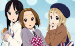  3girls akiyama_mio black_eyes black_hair blonde_hair brown_eyes brown_hair food headband horiguchi_yukiko k-on! kotobuki_tsumugi long_hair scan short_hair tainaka_ritsu 