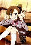  akai_toshifumi brown_eyes brown_hair futami_mami grin highres idolmaster idolmaster_(classic) legs non-web_source official_art school_uniform short_hair side_ponytail smile socks solo v 