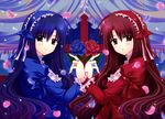  2girls blue_hair brown_eyes flowers goth-loli headdress lolita_fashion long_hair nishimata_aoi petals red_eyes red_hair rose scan 