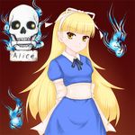  alice_(megami_tensei) bangs blonde_hair blue_dress bone bow bowtie character_name dress hair_bow hair_ribbon hairband hitodama long_hair megami_tensei obi puffy_sleeves ribbon sash shin_megami_tensei skull smile solo yellow_eyes 