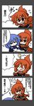  4koma blue_hair comic eyebrows fang hair_ornament highres light_bulb multiple_girls oono_mayu pixiv_azriel red_eyes red_hair scarf sweatdrop translated yanagi_(nurikoboshi) yumeshima_kanata |_| 