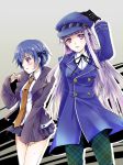  2girls asuma_shin blue_hair blush cabbie_hat cosplay costume_switch danganronpa eyebrows_visible_through_hair gloves hair_ribbon hat jacket kirigiri_kyouko long_hair looking_at_viewer multiple_girls necktie persona persona_4 pleated_skirt purple_eyes purple_hair ribbon shirogane_naoto shirt short_hair simple_background skirt sleeves_past_wrists white_shirt 