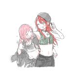  2girls ^_^ adjusting_clothes adjusting_hat arm_around_shoulder armpits bang_dream! bangs baseball_cap black_hat black_jacket black_pants blush bowwow_(hamju94) breasts camouflage choker cleavage closed_eyes clothes_around_waist crop_top eyes_closed grin hand_on_another&#039;s_arm hat holding_drumsticks jacket jacket_around_waist jacket_on_shoulders jewelry long_hair looking_at_another low_twintails medium_hair multiple_girls one_eye_closed pants pendant pink_hair red_hair smile stomach sweat twintails udagawa_tomoe uehara_himari white_background 
