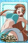  armpits artist_request bikini breasts brown_hair card_(medium) checkered checkered_background chess_piece code_geass green_eyes long_hair looking_at_viewer medium_breasts multicolored multicolored_sarong navel official_art one_eye_closed open_mouth outstretched_arms sarong shirley_fenette smile solo spread_arms swimsuit 