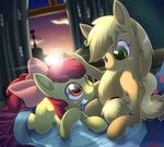  applejack_(mlp) bed blush cub equine eye_contact female feral friendship_is_magic horse mammal morning my_little_pony one_eye_closed oze pony sibling siblings wink young 