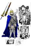  3boys ahoge armor artoria_pendragon_(all) blonde_hair blue_cape blue_eyes blush caliburn cape comic fate/stay_night fate_(series) helmet highres knight mirror multiple_boys multiple_girls partially_colored saber servant sheath sword todee weapon 