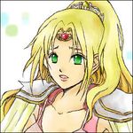  armor artist_request black_border border circlet colorized earrings expressionless final_fantasy final_fantasy_iv gem jewelry lips long_hair lowres no_pupils pink_lips pointy_ears ponytail portrait rosa_farrell ruby_(stone) shoulder_pads simple_background solo tareme tiara upper_body white_background 