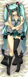  aprilred aqua_hair bad_id bad_pixiv_id hatsune_miku highres long_hair panties pantyshot solo striped striped_panties thighhighs twintails underwear undressing very_long_hair vocaloid 