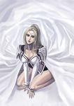  blonde_hair breasts cape cleavage final_fantasy final_fantasy_iv kareji kneeling large_breasts ponytail purple_eyes rosa_farrell solo 