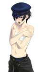  androgynous bad_id bad_pixiv_id black_hair blush cabbie_hat covering covering_breasts crossed_arms embarrassed hat looking_at_viewer navel open_mouth pants persona persona_4 reverse_trap sarashi shimotsuki_eight shirogane_naoto short_hair solo sweat tears tomboy unbuttoned 