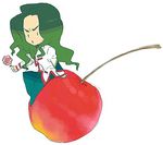  arm_support artist_request cherry chibi flower food fruit green_hair holding holding_flower long_hair lowres o3o saionji_kyouichi shoujo_kakumei_utena sitting solo white_background 