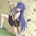  bangs blue_hair blunt_bangs bow debris dress_shirt dutch_angle ezu fighting_stance furude_rika higurashi_no_naku_koro_ni long_hair lowres mop pink_bow purple_hair school_uniform serious shirt shoes short_sleeves skirt socks solo suspenders tsumihoroboshi-hen very_long_hair 