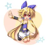  :d blonde_hair katami_shinta long_hair meryl_star navel_cutout open_mouth outstretched_arms red_eyes ribbon shinrabanshou shorts smile solo spread_arms twintails 