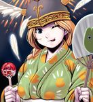  aerial_fireworks blonde_hair blue_eyes braid candy_apple fan feathers fireworks food green_kimono japanese_clothes kimono masao one_eye_closed paper_fan print_kimono single_braid solo tongue uchiwa upper_body valkyrie valkyrie_(vnd) valkyrie_no_densetsu yukata 