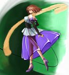 arm_warmers bad_id bad_pixiv_id bare_shoulders brown_hair dress forte_stollen full_body galaxy_angel glasses green_background high_heels nyama purple_dress purple_footwear scarf see-through shoes skirt solo white_skirt 