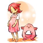  barefoot blush blush_stickers bow chansey closed_eyes dress egg full_body gen_1_pokemon happy hitec moemon open_mouth personification pink_hair pokemon pokemon_(creature) pregnant short_hair simple_background smile standing 