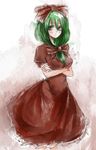  blush bow breasts crossed_arms dress front_ponytail green_eyes green_hair kagiyama_hina medium_breasts miya9 red_dress solo touhou 