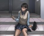  bad_id bad_pixiv_id bag brown_eyes brown_hair cellphone face original phone school_uniform sitting sitting_on_stairs solo stairs sweater tea_(nakenashi) 