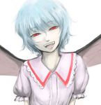  blue_hair face fangs ginji_(sakaki_summer) head_tilt looking_at_viewer no_hat no_headwear red_eyes remilia_scarlet short_hair solo touhou wings 