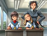  ahoge angry blue_sailor_collar bun_cover chun-li double_bun forehead hair_bun hair_pulled_back headband kanzuki_karin kasugano_sakura multiple_girls necktie omar_dogan sailor_collar school school_uniform serafuku street_fighter teacher uniform 