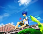  bad_id bad_pixiv_id blue_eyes blue_hair blue_scarf cloud day kaito kurafuji_sachi male_focus pinwheel rooftop scarf sitting sky solo spinning vocaloid wind 