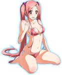  bikini breasts cleavage dragonaut kikuchi_mataha kneeling long_hair medium_breasts pink_eyes pink_hair side-tie_bikini sideboob smile solo swimsuit toa twintails 