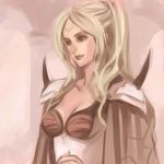  armor artist_request blonde_hair blurry blurry_background breasts brown_cape brown_eyes circlet cleavage closed_mouth final_fantasy final_fantasy_iv lips long_hair lowres medium_breasts one_side_up pillar rosa_farrell shoulder_pads shoulder_spikes smile solo spikes upper_body 