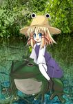  animal bangs black_footwear blonde_hair blue_eyes blush child dress frog hat kurousou moriya_suwako nature open_mouth oversized_animal purple_dress rain red_ribbon ribbon riding shoes short_hair solo thighhighs touhou white_legwear zettai_ryouiki 