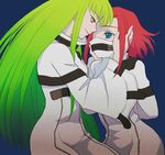  bdsm bodysuit bondage bound c.c. code_geass gag gagged green_hair kallen_stadtfeld long_hair multiple_girls pink_hair plum_(arch) short_hair straitjacket white_bodysuit 