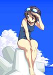  barefoot brown_eyes brown_hair cloud day goggles goggles_on_head legs one-piece_swimsuit original sanemichi_hajime school_swimsuit shading_eyes short_hair sitting sky solo swimsuit tetrapod thighs 