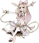  :d azuma_aya bow chain gourd hair_bow horns ibuki_suika long_hair monochrome open_mouth outstretched_arm pointing purple smile solo touhou wrist_cuffs 
