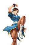  bad_source bracelet china_dress chinese_clothes chun-li dress highres jewelry omar_dogan pantyhose pelvic_curtain sash solo spiked_bracelet spikes street_fighter thick_thighs thighs udon_entertainment 