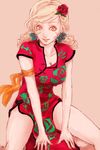  blonde_hair breasts brown_eyes china_dress chinese_clothes cleavage dress final_fantasy final_fantasy_iv final_fantasy_iv_the_after flower large_breasts lowres moira_(artist) red_flower red_rose rose sitting solo spread_legs ursula_leiden 