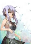  bare_shoulders brown_eyes cherry_blossoms laces looking_back murata_taichi original purple_hair short_hair skirt solo vest 