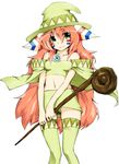  bandeau bare_shoulders cape copyright_request facial_mark fantasy green_eyes hair_ornament hat horns long_hair midriff miniskirt navel orange_hair panties simple_background skirt solo staff strapless thighhighs tubetop underwear v_arms witch witch_hat yukari_(konekonekozou) 