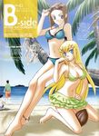  2girls absurdres beach bikini blonde_hair blue_eyes breasts brown_hair character_request cleavage coconut day gundam gundam_00 highres kinue_crossroad large_breasts long_hair louise_halevy multiple_boys multiple_girls ocean outdoors palm_tree purple_eyes shirakawa_ayako short_hair side-tie_bikini sunglasses swimsuit tree 