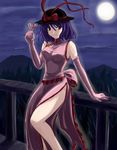  alcohol china_dress chinese_clothes dress elbow_gloves flx gloves hat moon nagae_iku purple_hair red_eyes ribbon short_hair solo touhou wine 