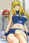  bed blonde_hair blue_eyes crop_top leather long_hair metroid metroid_fusion michael midriff navel samus_aran shorts solo 