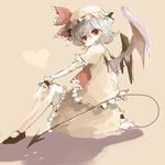  ascot azuma_aya bat_wings blue_hair dress hat hat_ribbon looking_back puffy_sleeves red_eyes remilia_scarlet ribbon short_hair solo tail touhou wings wrist_cuffs 