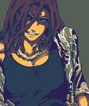  1boy black_hair black_shirt dreadlocks eyeshield_21 grin hairlocs jewelry kongou_agon long_hair lowres male male_focus muscle necklace shirt simple_background smile solo sunglasses 