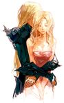  1girl armor bare_shoulders blonde_hair breasts cain_highwind cleavage cowboy_shot final_fantasy final_fantasy_iv hetero hug hug_from_behind large_breasts long_hair looking_down lowres pauldrons rosa_farrell sad simple_background strapless suimin v_arms vambraces very_long_hair weapon white_background 
