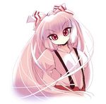 bangs bow fujiwara_no_mokou hair_bow looking_at_viewer lowres pants red_eyes silver_hair simple_background solo suspenders touhou upper_body usoneko white_background white_bow 