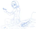  artist_request bed blue bob_cut bullpup gun gunslinger_girl handgun henrietta_(gunslinger_girl) highres left-handed looking_back monochrome p90 pistol sitting sketch skirt solo submachine_gun weapon 