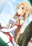  asuna_(sao) bare_shoulders breastplate brown_eyes brown_hair bug grass insect ladybug long_hair looking_at_viewer nori_tamago red_eyes sitting solo sword_art_online thighhighs tree white_legwear 
